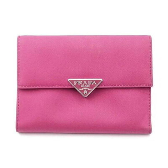 Prada Triangular Pink Nylon Wallet Fuchsia Tri Leather Fold Coin - Picture 1 of 1